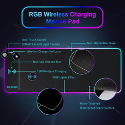 Mousepad gamer RGB com carregamento sem fio de 15 W, tapete de mesa grande de 800 x 300 x 4 mm, com 10 modos de iluminação e base de borracha antiderrapante, mousepad à prova d'água para PC gamer, MacBook e laptop