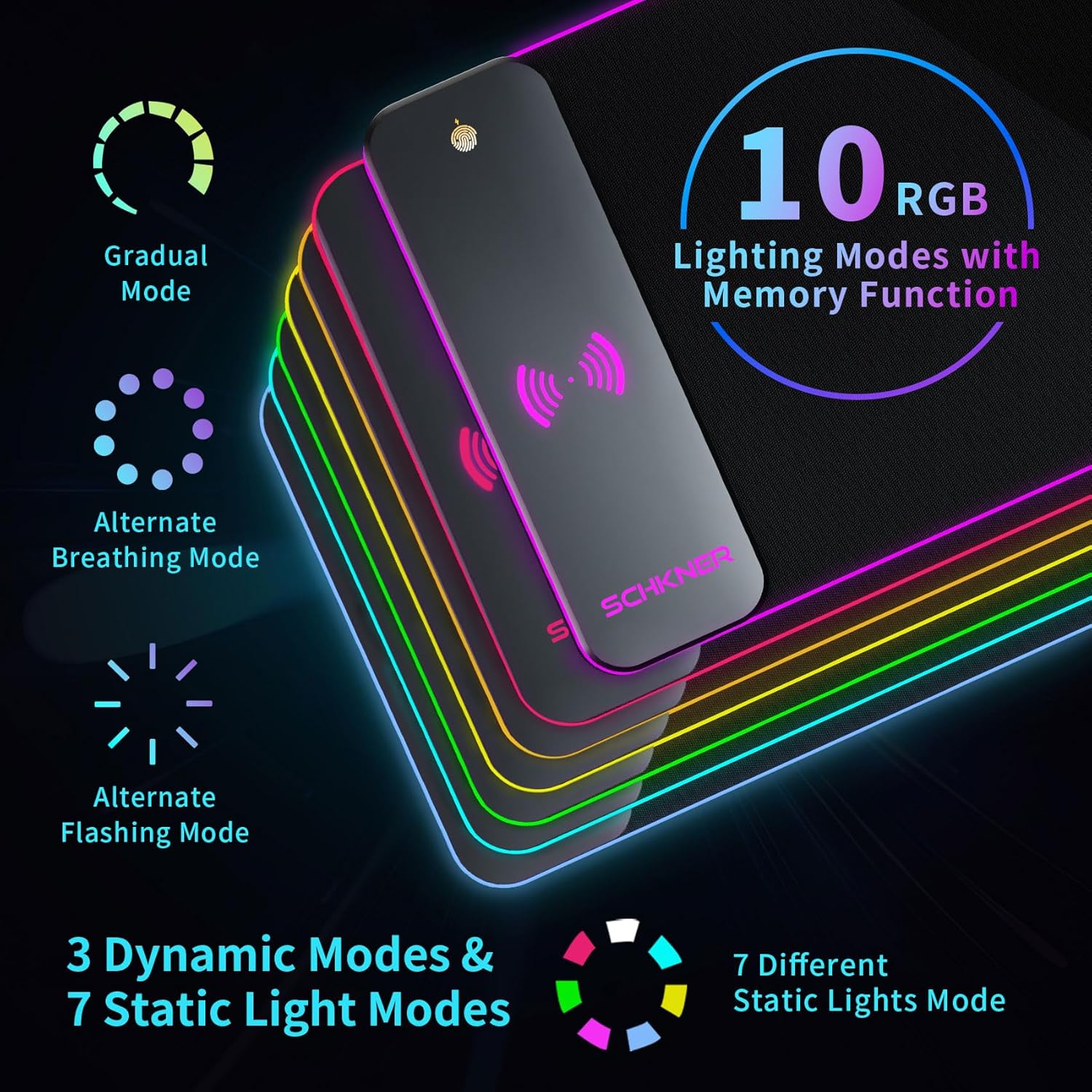 Mousepad gamer RGB com carregamento sem fio de 15 W, tapete de mesa grande de 800 x 300 x 4 mm, com 10 modos de iluminação e base de borracha antiderrapante, mousepad à prova d'água para PC gamer, MacBook e laptop_2
