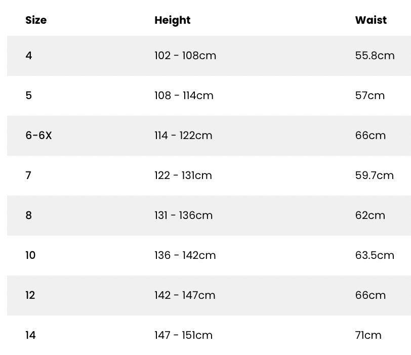 Size Guide - Kids (Bottoms)