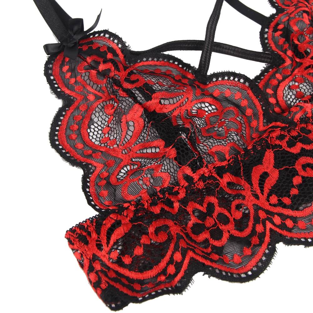 Lola Red Lace Cross Strap Decoration Sexy Pant and Bra Set no wire_2