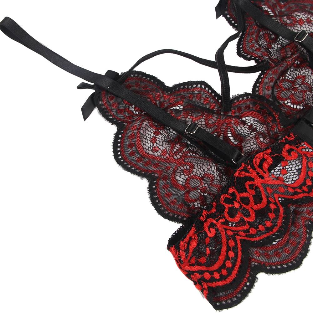 Lola Red Lace Cross Strap Decoration Sexy Pant and Bra Set no wire_3