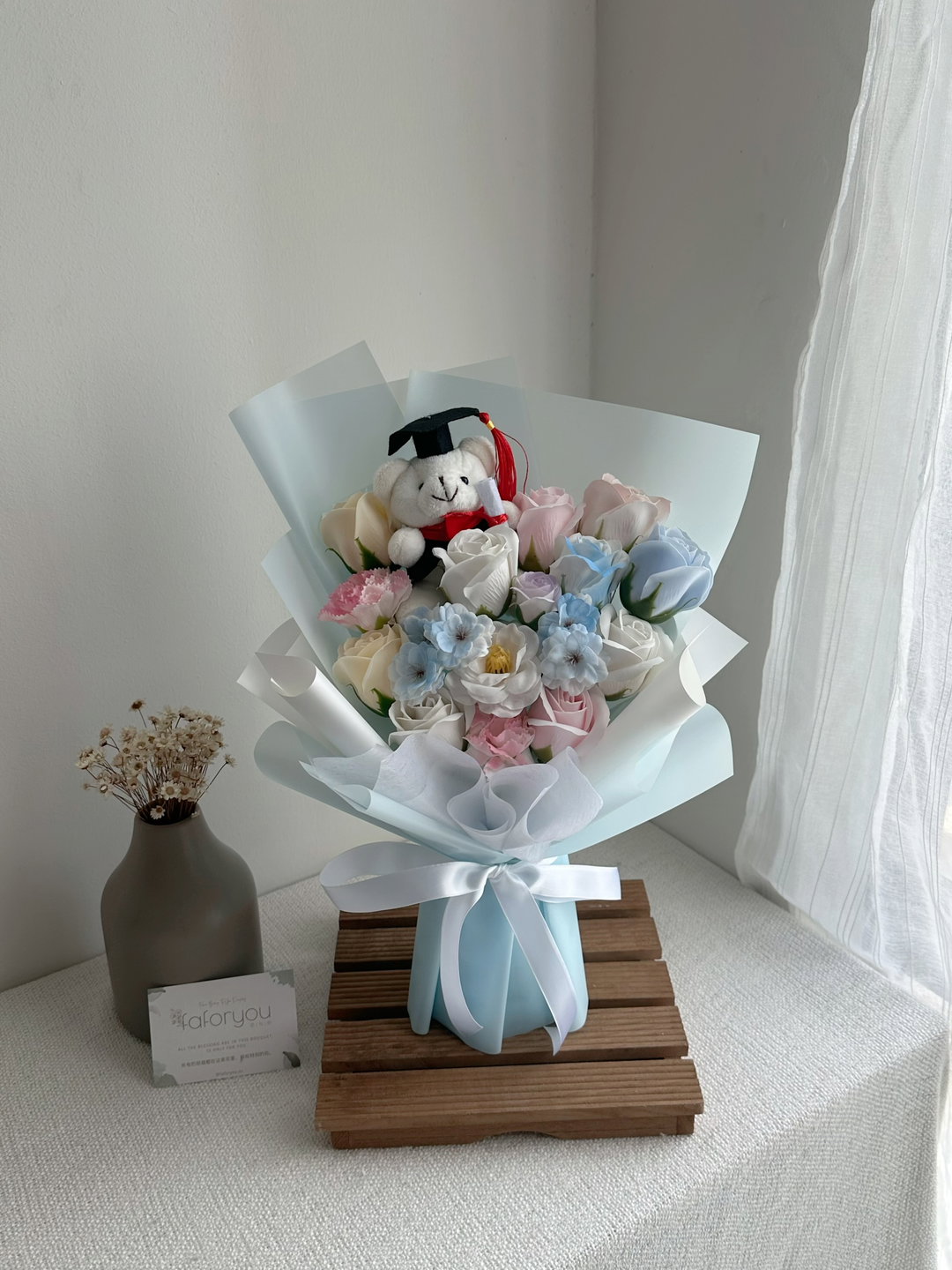 (GB028) Graduation Bear Soap Flower Mixed Bouquet 