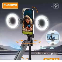 Trépied rotatif à 360° Plokama Auto-A7 Pro AI, perche à selfie portable avec suivi automatique du visage AI et éclairage LED