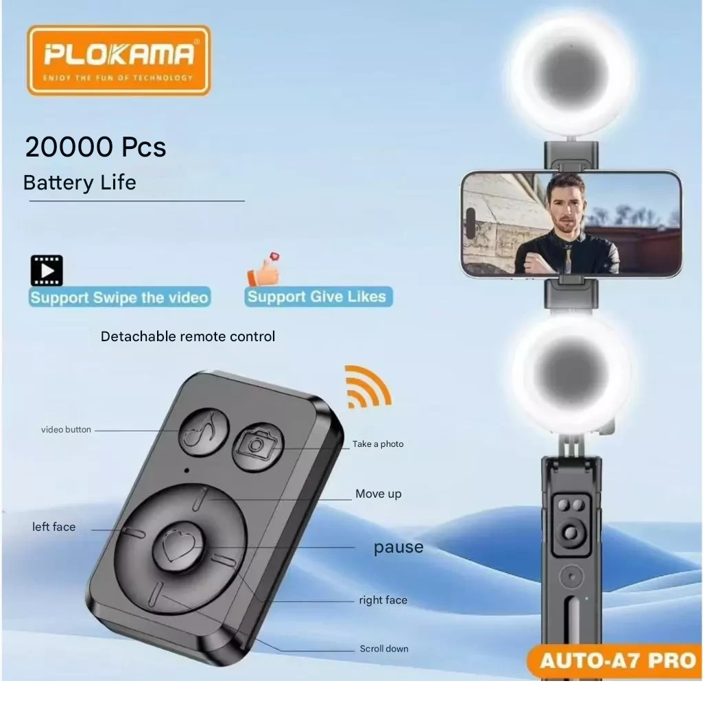 Trépied rotatif à 360° Plokama Auto-A7 Pro AI, perche à selfie portable avec suivi automatique du visage AI et éclairage LED_2