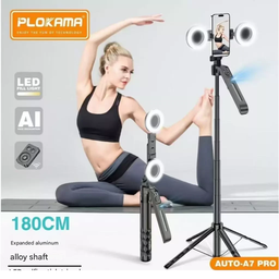 Trépied rotatif à 360° Plokama Auto-A7 Pro AI, perche à selfie portable avec suivi automatique du visage AI et éclairage LED