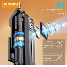 Trépied rotatif à 360° Plokama Auto-A7 Pro AI, perche à selfie portable avec suivi automatique du visage AI et éclairage LED