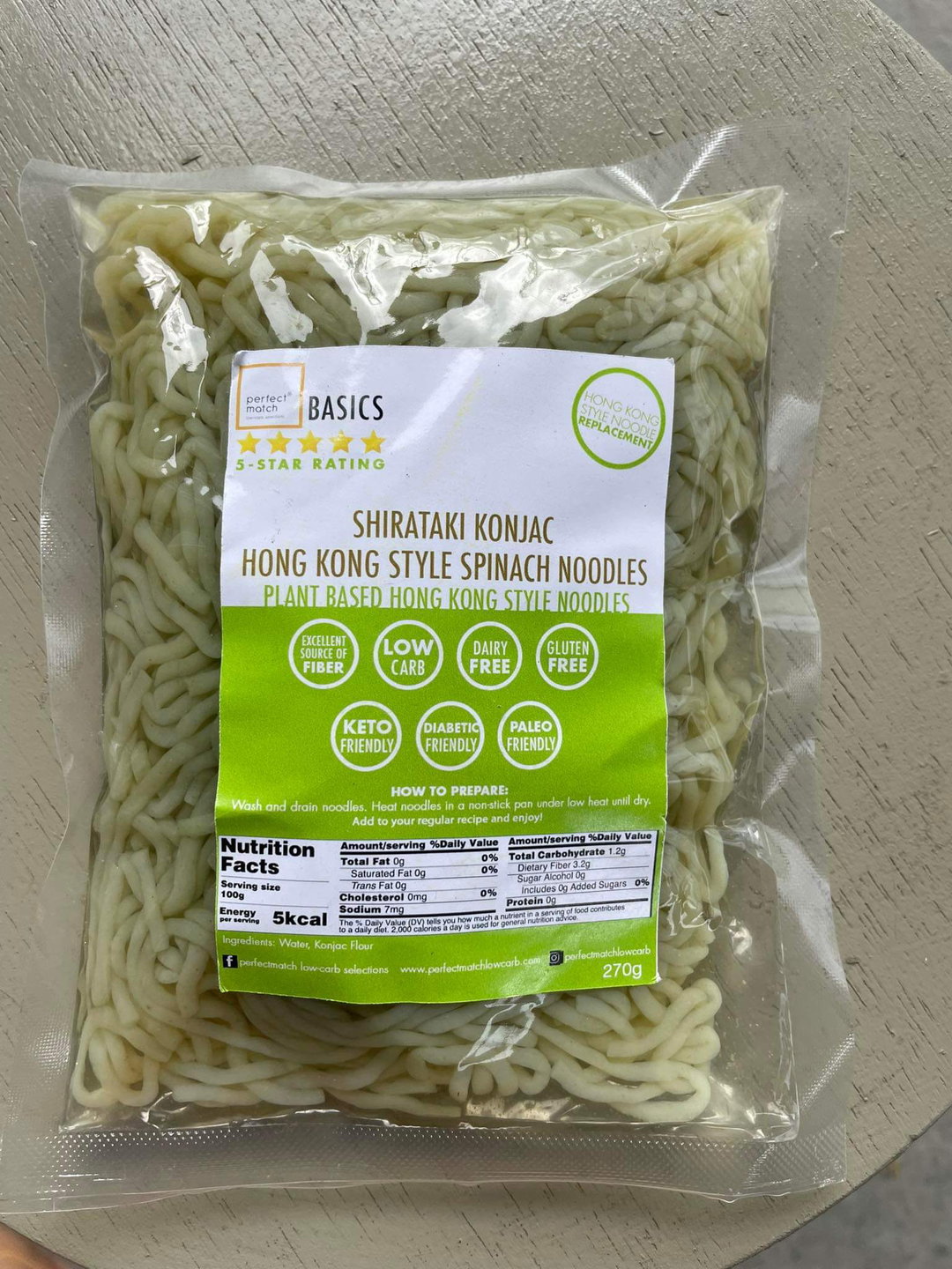 Shirataki Konjac Hong Kong Style Spinach Noodles (270g)