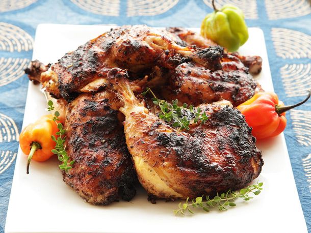Barbe Fry Chicken with Jerk Chicken Served with Rice & Peas, Peppered Corn on the Cob and Toss Salad _1