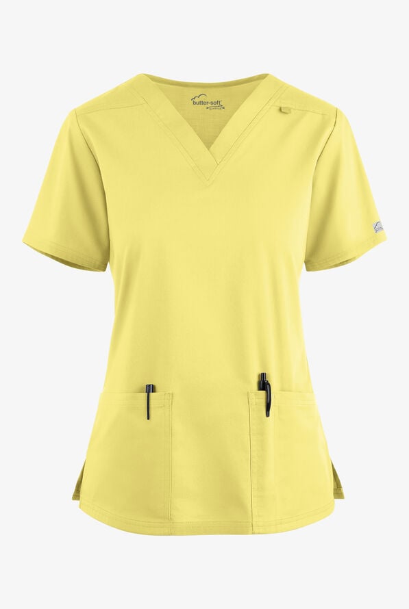 Lemon Butter-Soft Stretch 4 Pocket V-Neck Top_1