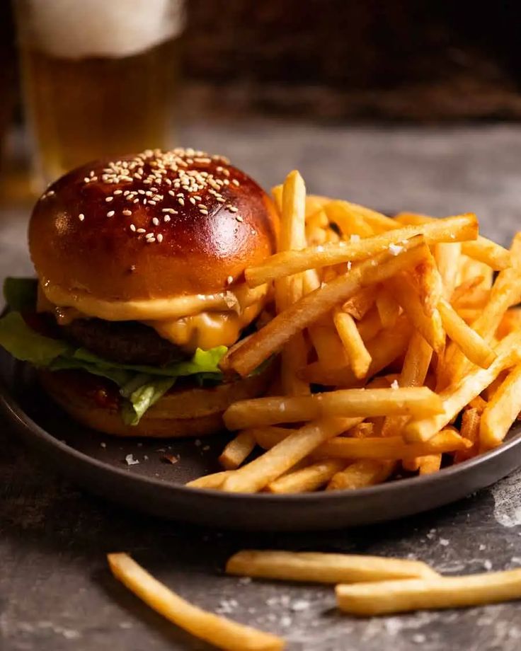 beef burger with fries