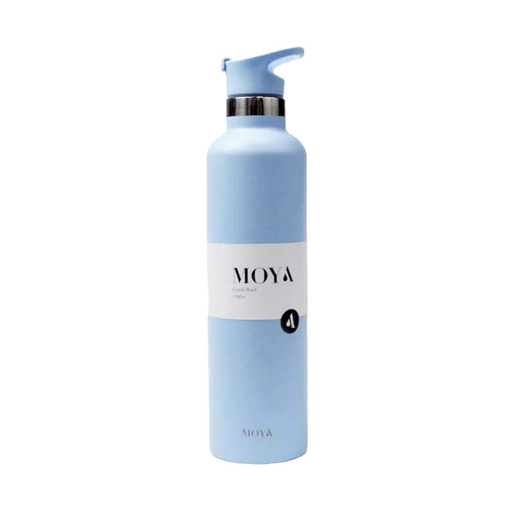 Moya "Coral Reef" 1L Insulated Sustainable Water Bottle Powder Blue Spout Lid
