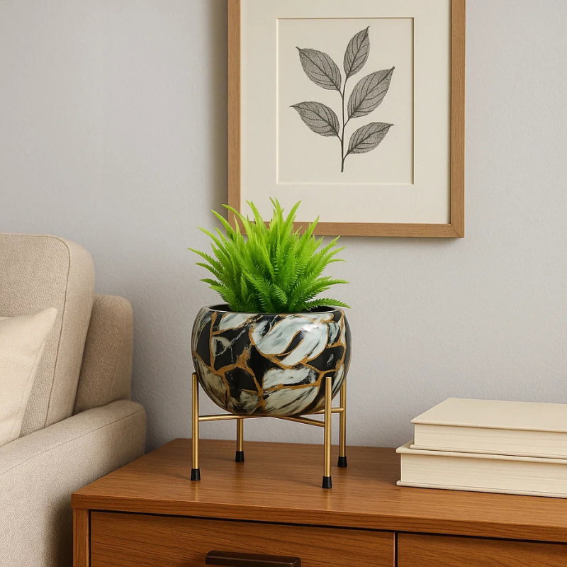 Texture Metal Planter with Golden Stand | Elegant Modern Pot for Indoor Plants & Décor_1