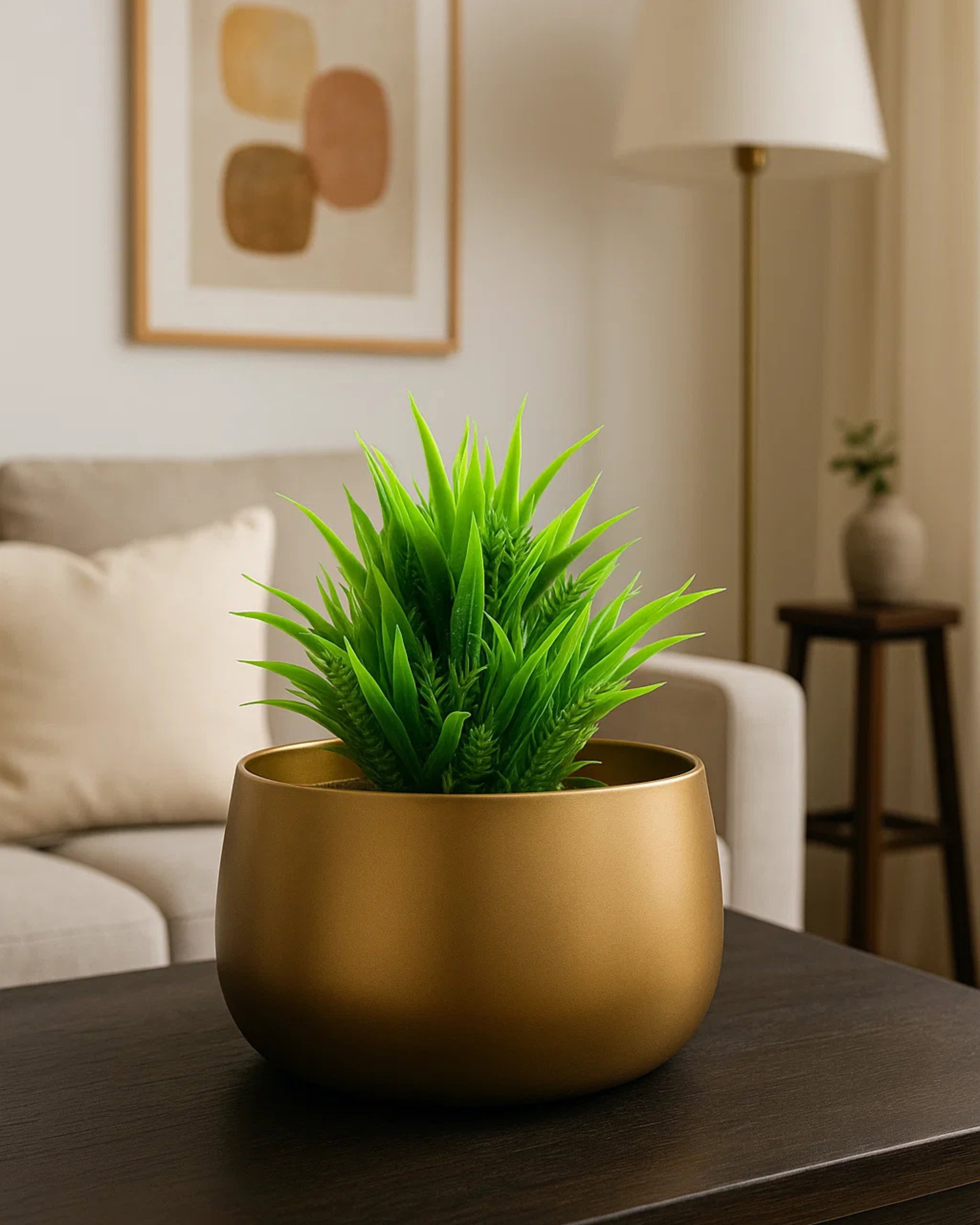 Golden Round Tabletop Planter with Artificial Plant – Modern Decorative Pot for Office, Living Room & Home Decor _0