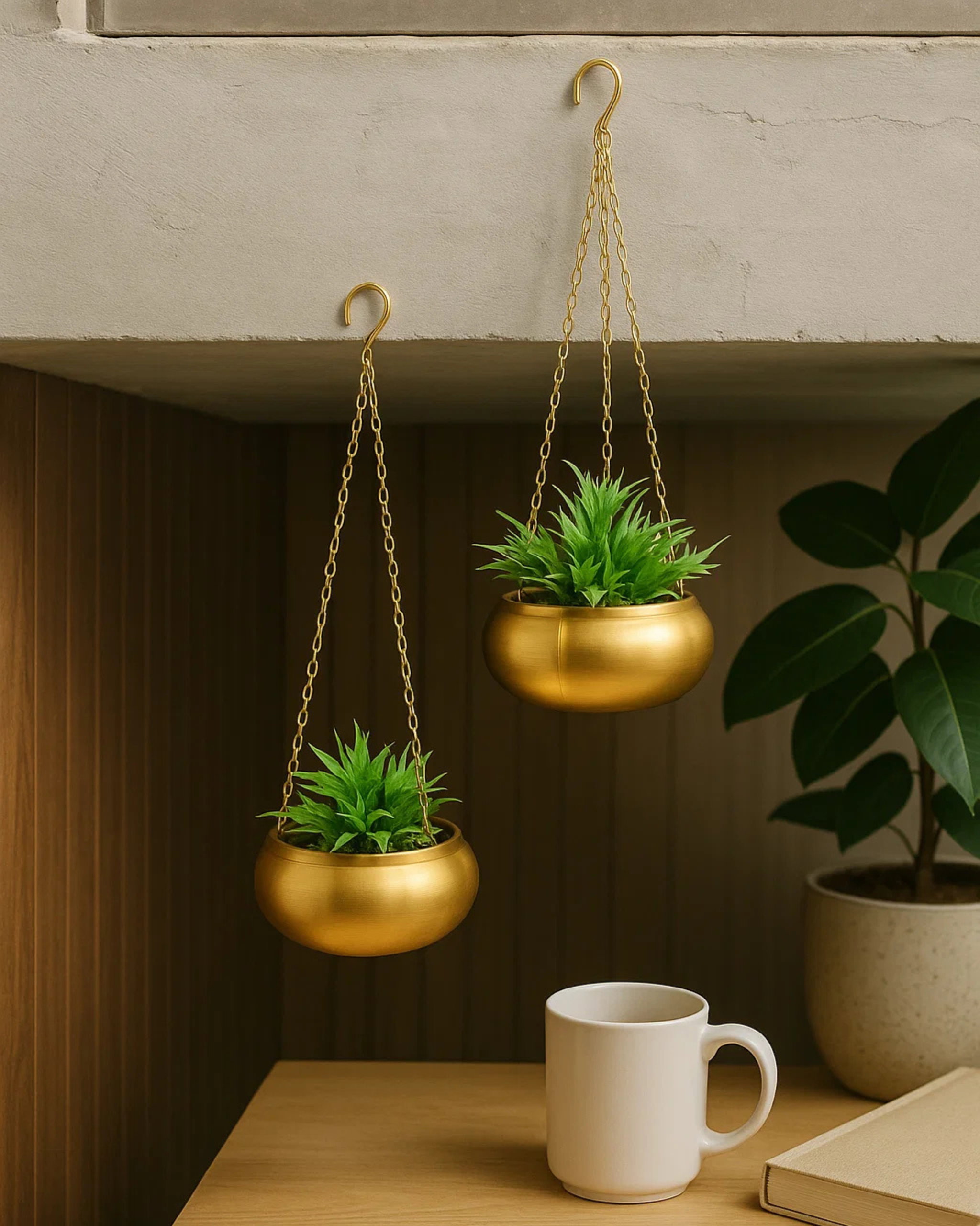 Hanging Matka Golden Metal Planter Set of 2| Indoor Decorative Hanging Pots with Chain_0