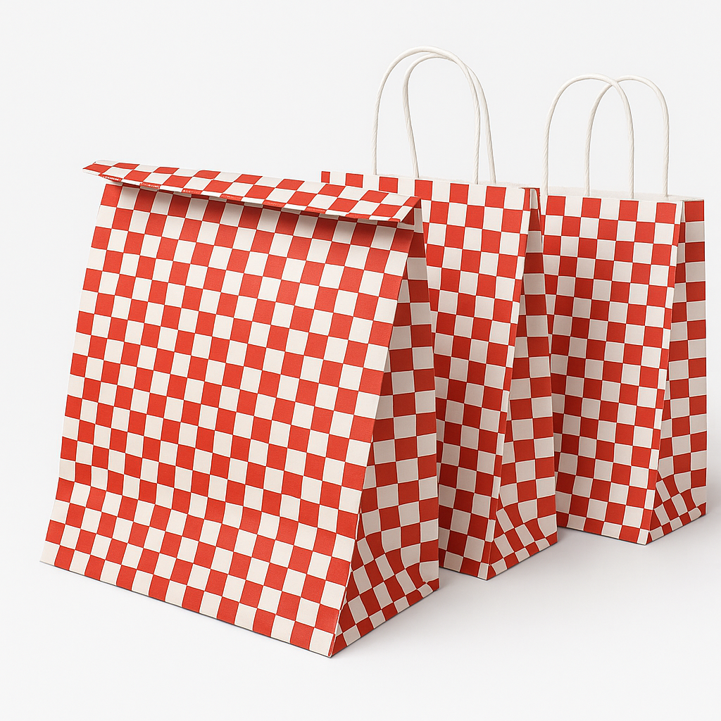 “RED & WHITE CHECKERED” DELIVERY CARRIER BAGS -2 SIZES/RETAIL  ( WITH HANDLES)  _0