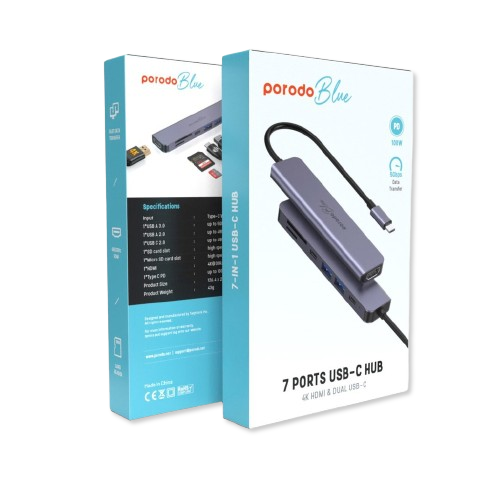 Porodo Blue 7 in 1 Hub HDMI 2XUSB-A 2XUSB-C SD MicroSD