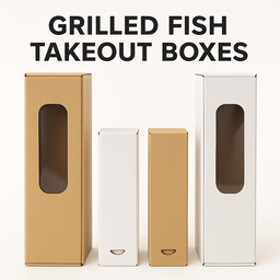 GRILLED FISH TAKEOUT BOXES - 20” x 4.5” x 4” WHITE - (OPEN TOP ; WINDOWED / PET-LINED)