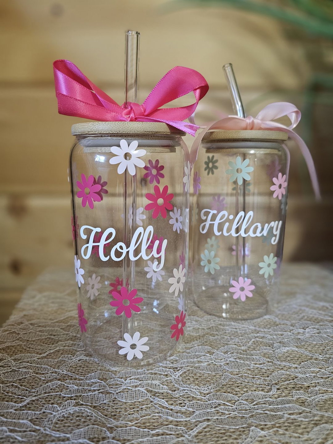 Personalized Drinking Glasses with Bamboo Lids and Glass Straw - 16oz