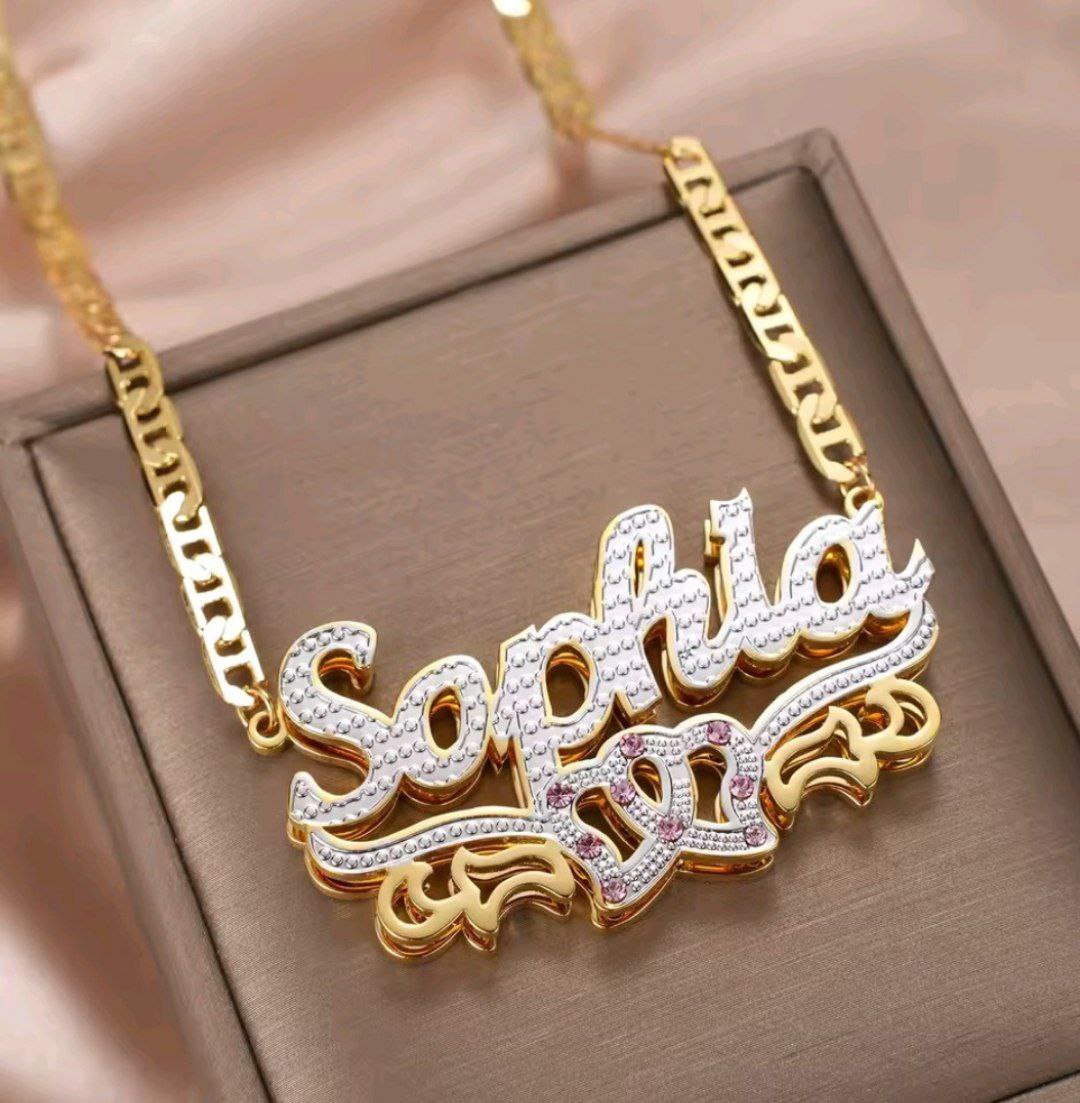 Female Thick Double Plate Customized Name Chain With Birth Stone _0