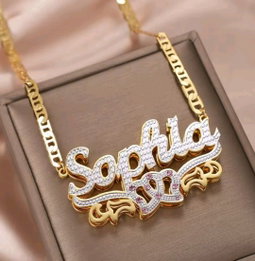 Female Thick Double Plate Customized Name Chain With Birth Stone 