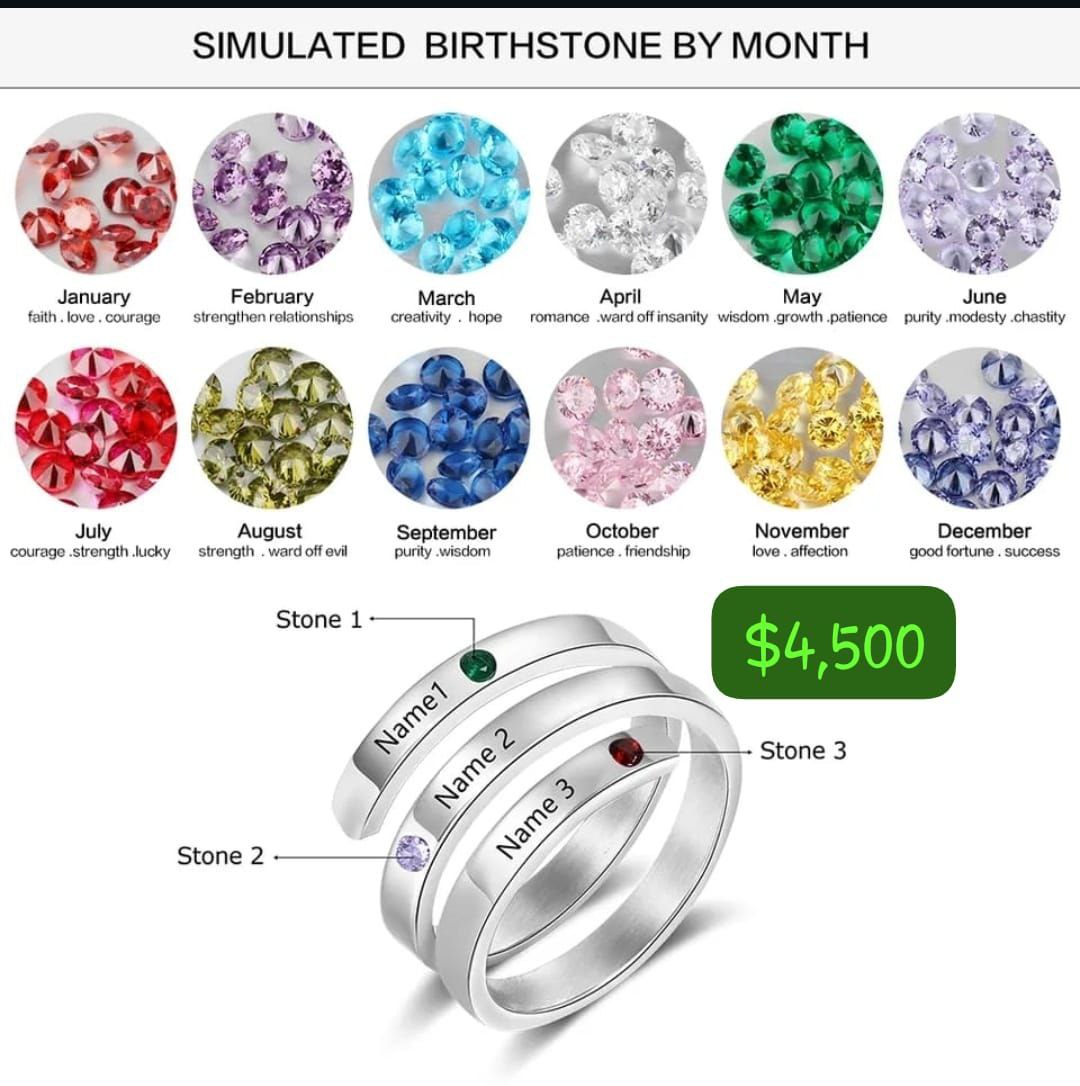 Female triple name customize ring with birthstone