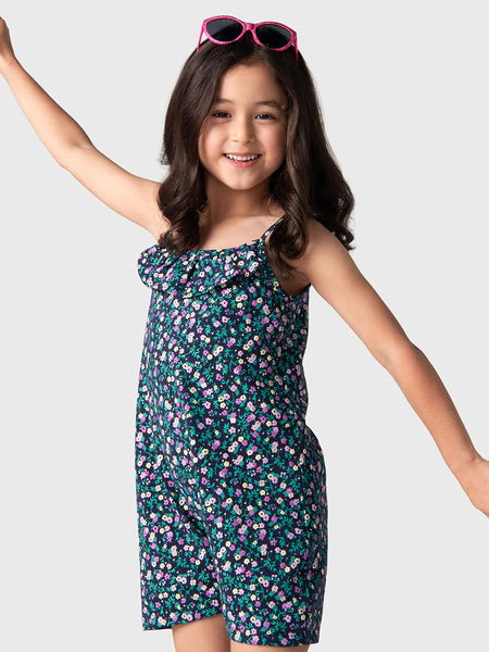 Mini Mango Toddler Girls Frill Shortall – Indigo Florals (Size 6)