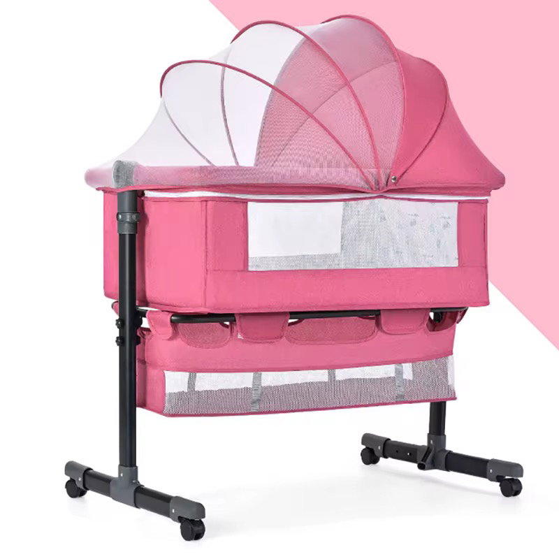 Baby besides crib bed