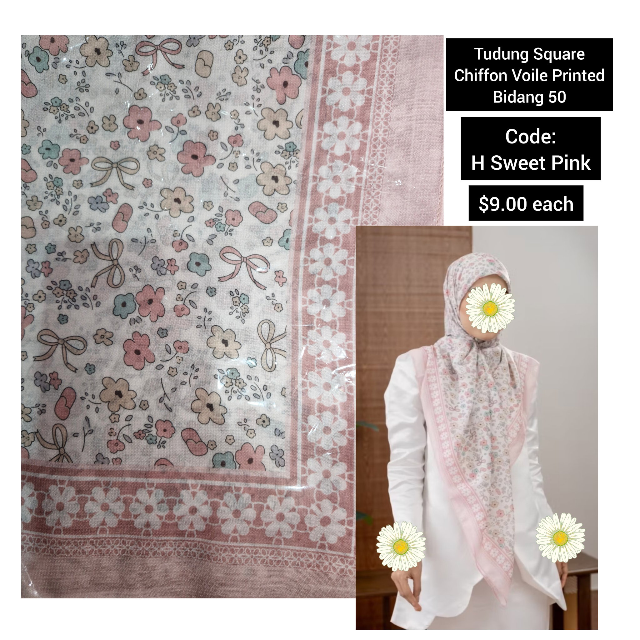 Tudung Square Chiffon Voile Printed Bidang 50 | code: H_3