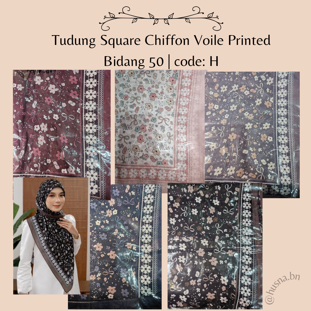 Tudung Square Chiffon Voile Printed Bidang 50 | code: H_0