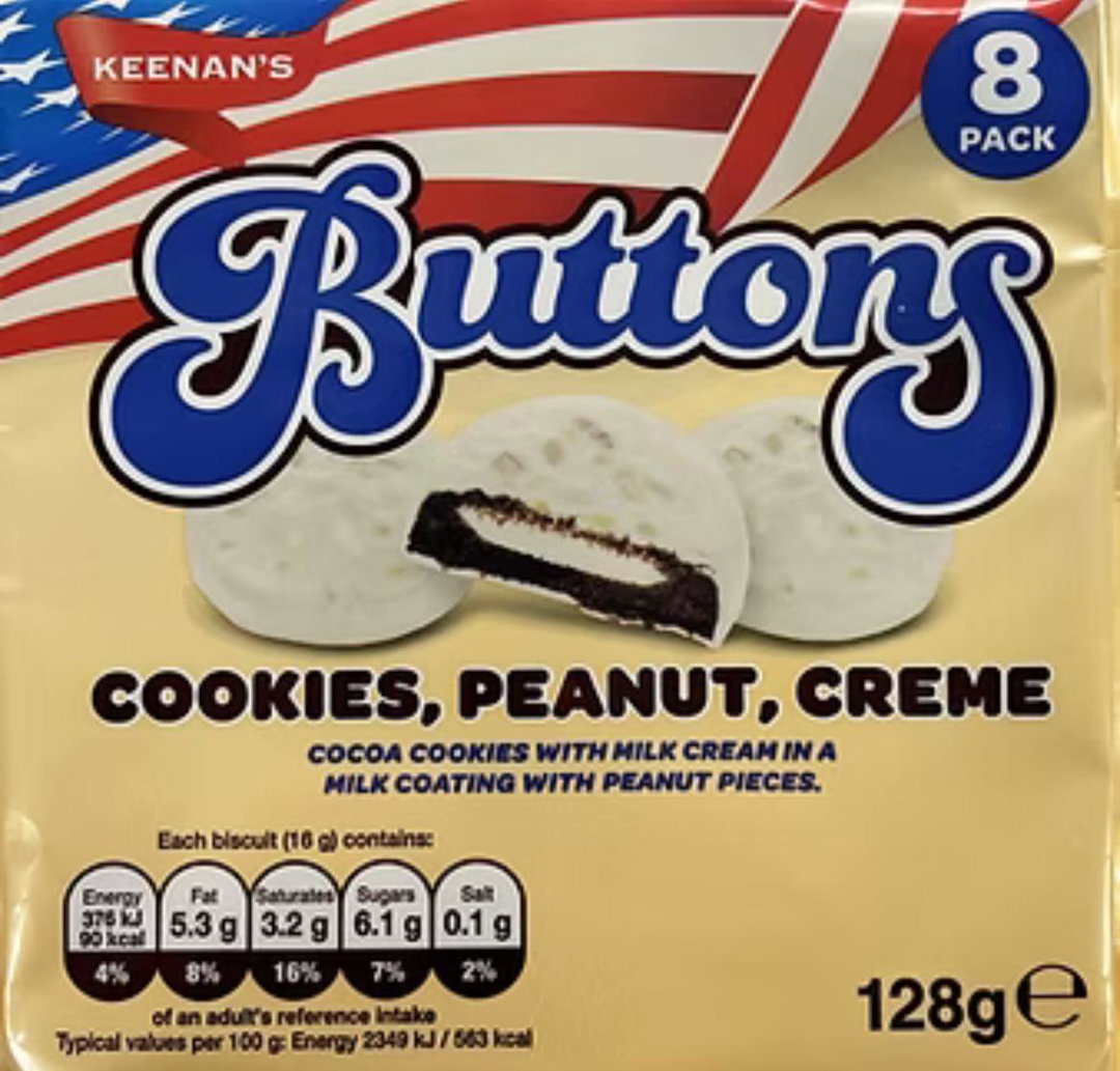 Keenanโs Buttons ( Cookies, Peanut & Crรจme ) 128g
