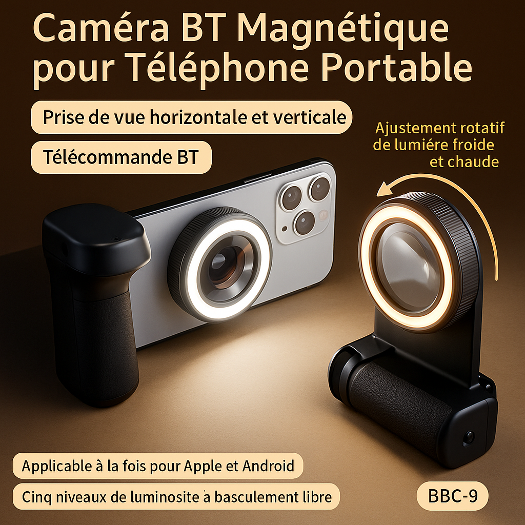 Poignée de Caméra pour Téléphone Mobile, Support d'Appareil Photo Intelligent avec Déclic à Distance Magnétique Amovible, Aimants Rotatifs 360°, Lumière Selfie, Facile pour la Diffusion en Direct_0
