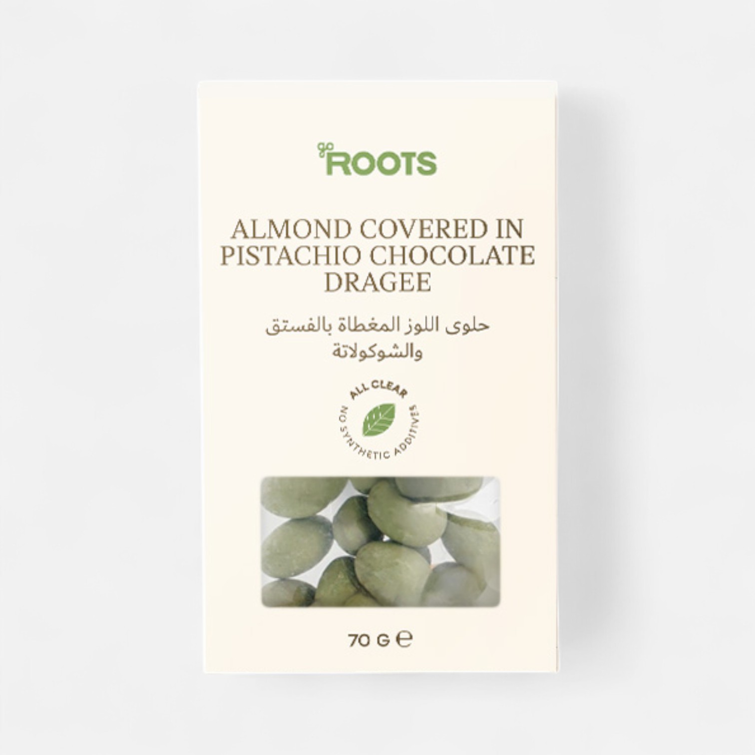 Roots Almond Covered In Pistachio Chocolate Dragee 70g_0