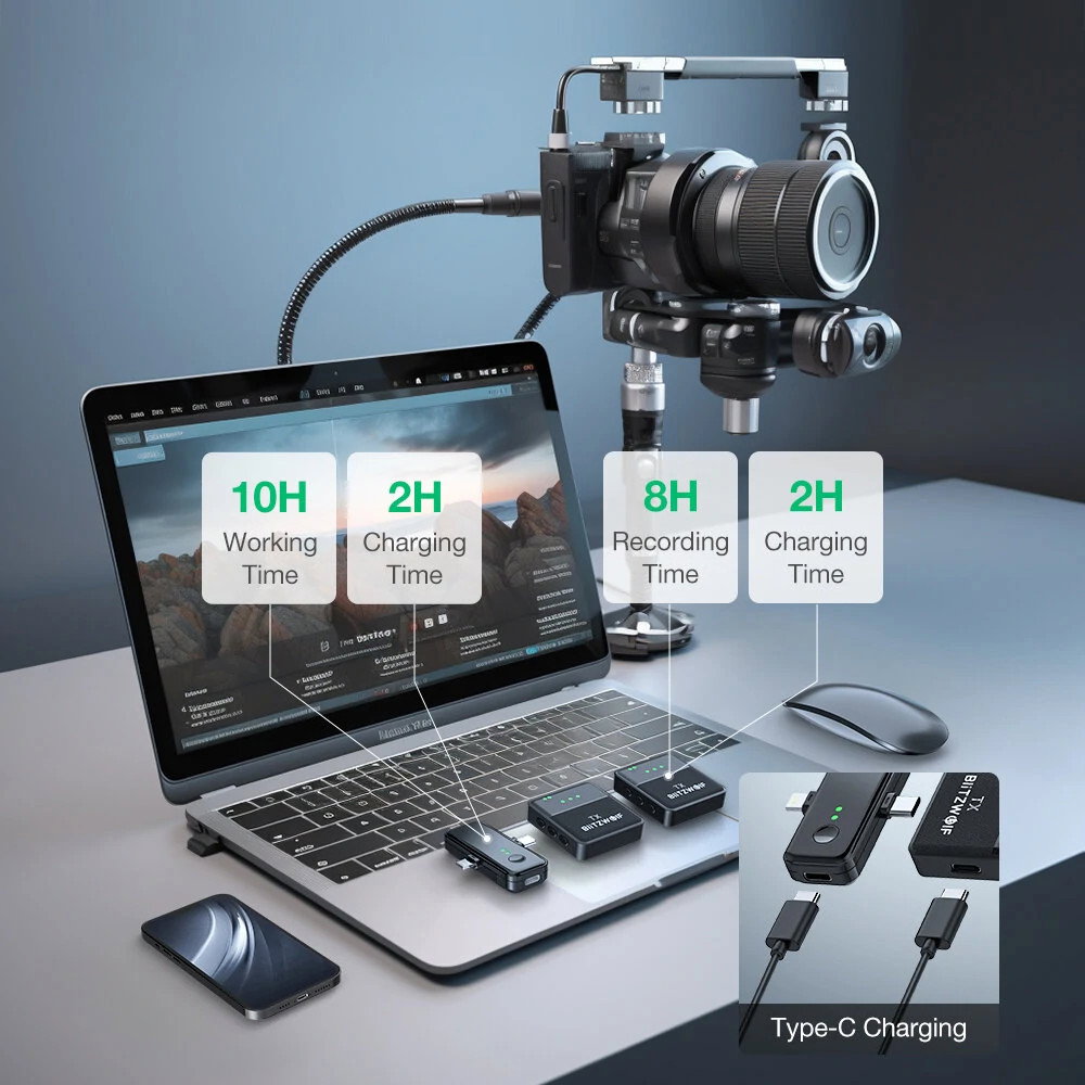 Microfone sem fio duplo MOOZMOB de nível profissional com redução de ruído para celulares, câmeras, DSLRs, tablets, laptops, desktops, iPhones e alto-falantes (preto,_3