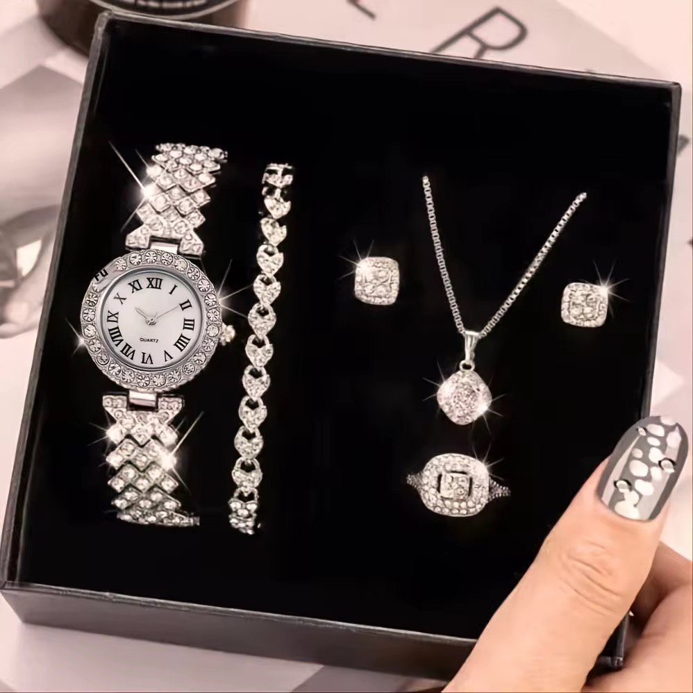 Women's Luxury Women's Watch Five Piece Bracelet Set, Fashionable Quartz Watch, Elegant Rhinestone Glass Accessory_1