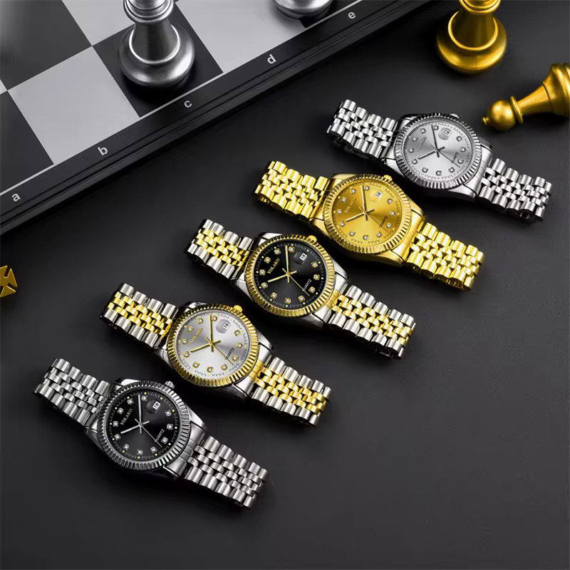 Luxury Golden Stainless Steel Calendar Wrist Watches Men Steel Band Quartz Movement Watch_1