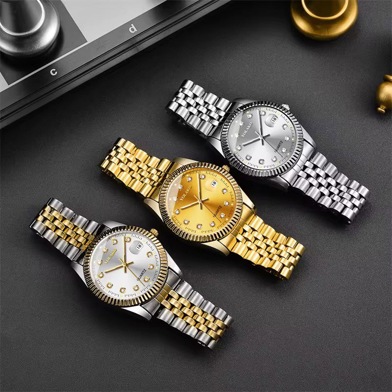 Luxury Golden Stainless Steel Calendar Wrist Watches Men Steel Band Quartz Movement Watch