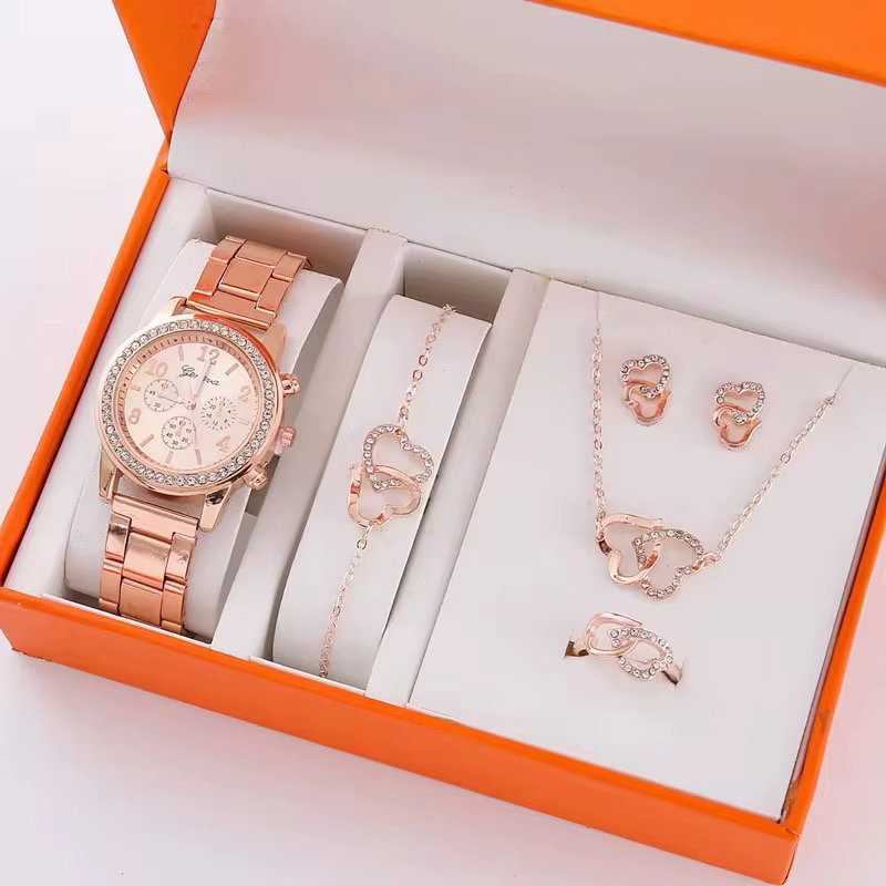 2024 Fashion Women Quartz Watch 6PCS Set Luxury Watch Ladies Ring Necklace Earrings Rhinestone Fashion Watch Set_0