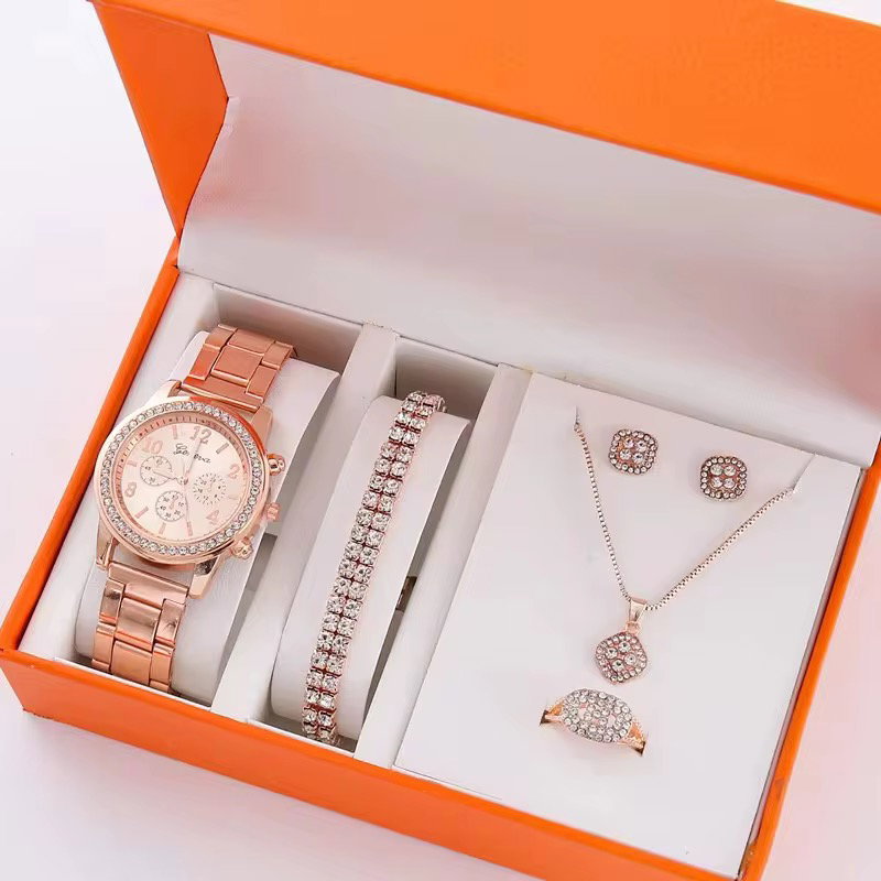 2024 Fashion Women Quartz Watch 6PCS Set Luxury Watch Ladies Ring Necklace Earrings Rhinestone Fashion Watch Set_1