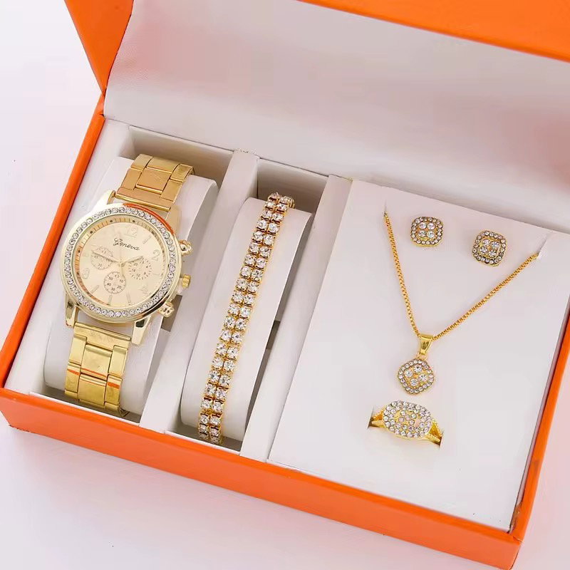 2024 Fashion Women Quartz Watch 6PCS Set Luxury Watch Ladies Ring Necklace Earrings Rhinestone Fashion Watch Set_2
