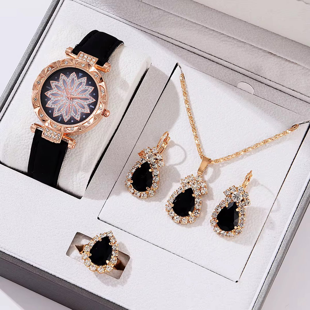 Women's 5-piece Set Zircon Fashion Set Personalized Gift Love Heart Shaped Pendant Necklace Watch Crystal Jewelry Set for Women