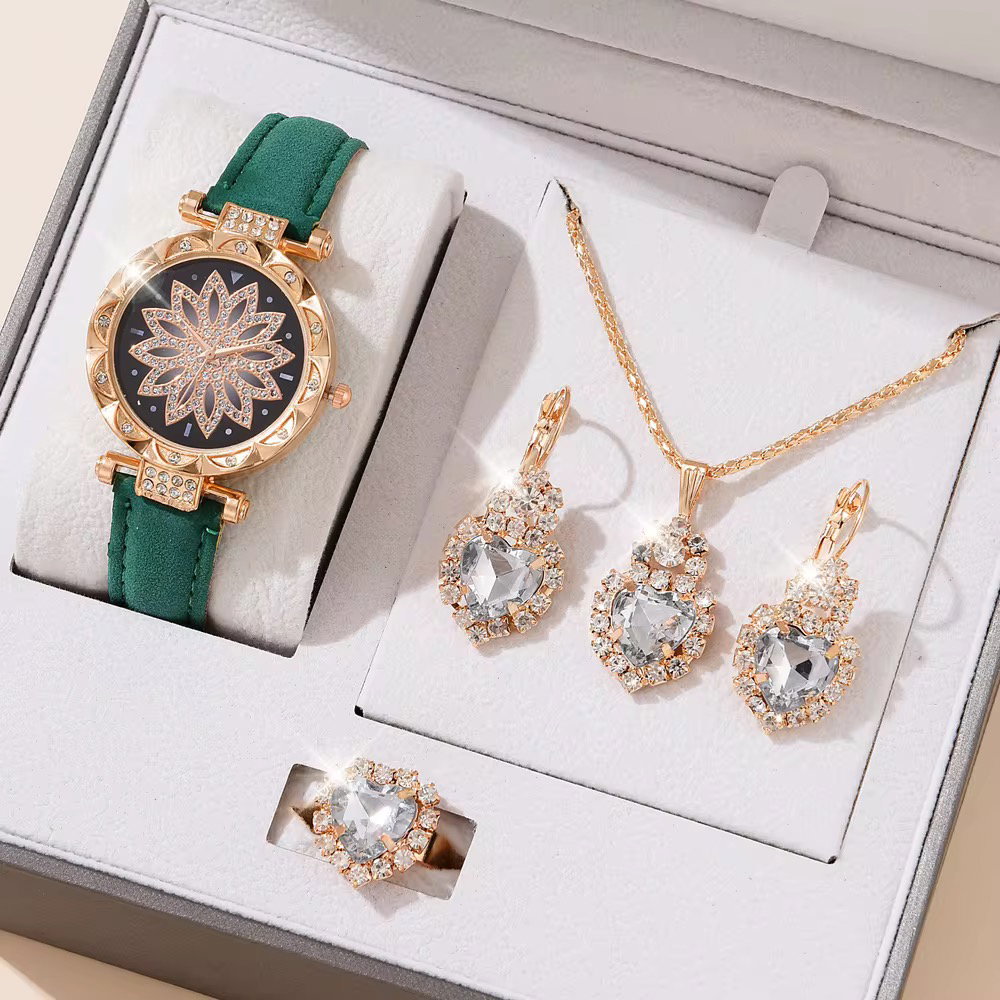 Women's 5-piece Set Zircon Fashion Set Personalized Gift Love Heart Shaped Pendant Necklace Watch Crystal Jewelry Set for Women _3