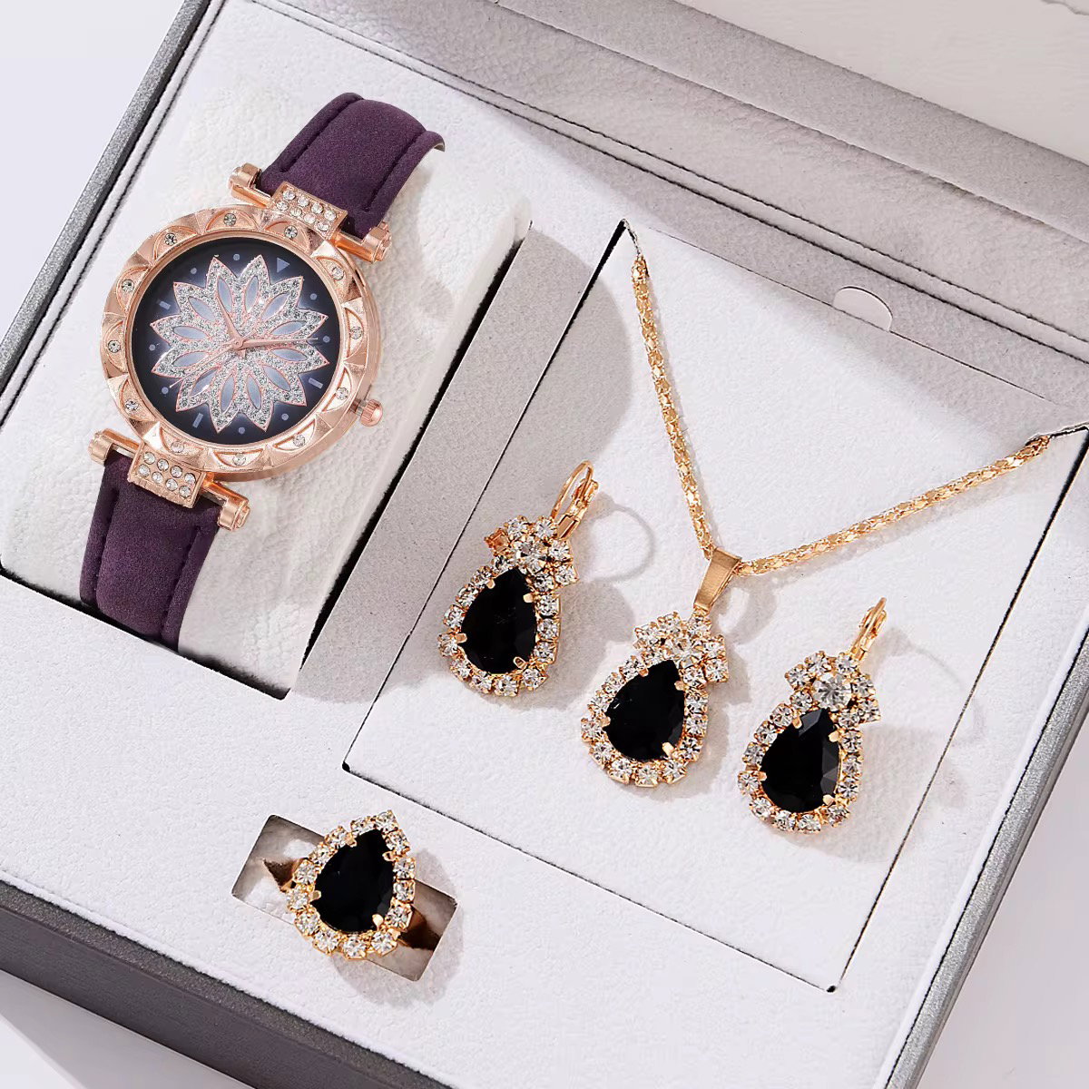 Women's 5-piece Set Zircon Fashion Set Personalized Gift Love Heart Shaped Pendant Necklace Watch Crystal Jewelry Set for Women _1