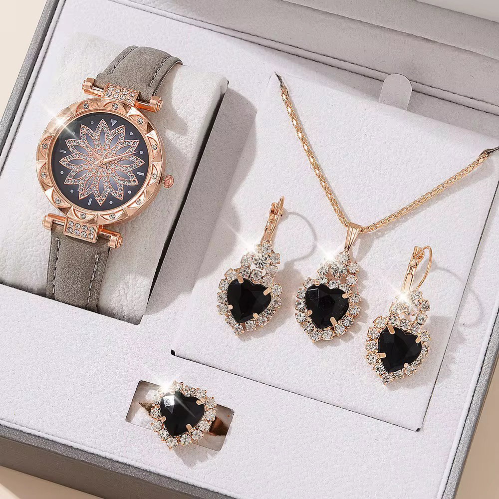 Women's 5-piece Set Zircon Fashion Set Personalized Gift Love Heart Shaped Pendant Necklace Watch Crystal Jewelry Set for Women _2
