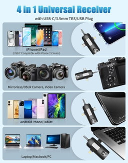 Microfones de lapela sem fio, receptor universal 4 em 1 para Android, iPhone, iPad, laptop e câmera, USB-C, mini microfone sem fio para gravação de vídeo, vlog, YouTube, TikTok