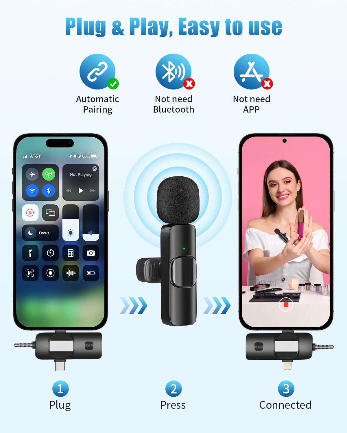 Microfones de lapela sem fio, receptor universal 4 em 1 para Android, iPhone, iPad, laptop e câmera, USB-C, mini microfone sem fio para gravação de vídeo, vlog, YouTube, TikTok_4