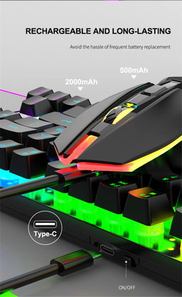 Conjunto de teclado e mouse gamer sem fio 2.4G recarregável RGB com retroiluminação para jogos