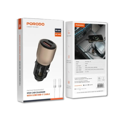 Porodo 96W Transparent USB-A+C Port Car Charger with C to C 0.9m Cable - Desert Titanium