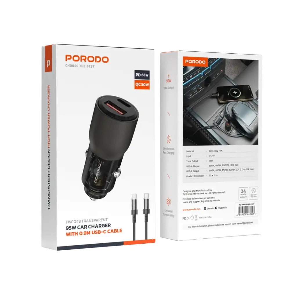 Porodo 96W Transparent USB-A+C Port Car Charger with C to C 0.9m Cable - Desert Titanium_1