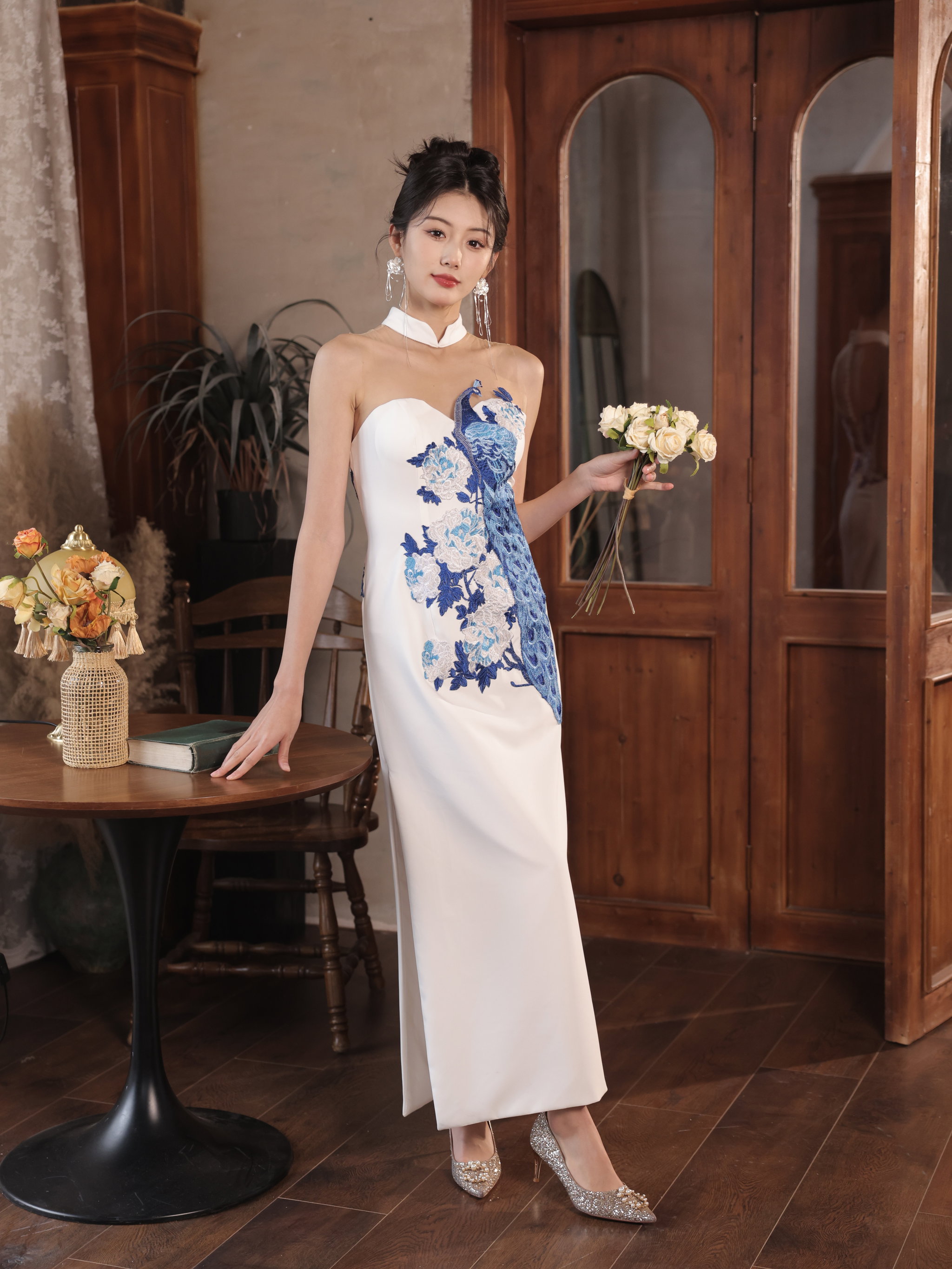 Folklore Cheongsam in Ivory with Peacock _1