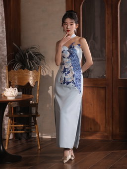 Folklore Cheongsam in Sky Blue with Peacock 